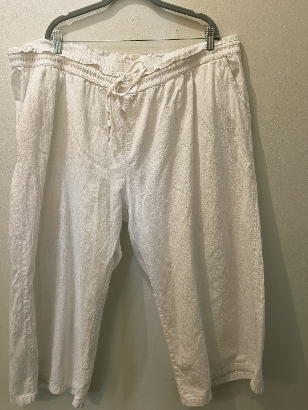 White Drawstring Linen Cotton Blend Cropped 3/4 Culottes Pants Plus Size 5XL